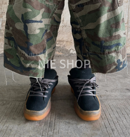 Design Cargo Pants Camo Print + Black Suede Sneakers with Gum Sole