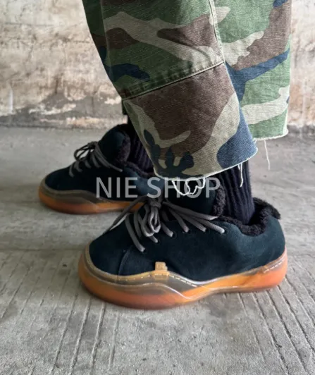 Design Cargo Pants Camo Print + Black Suede Sneakers with Gum Sole - 2