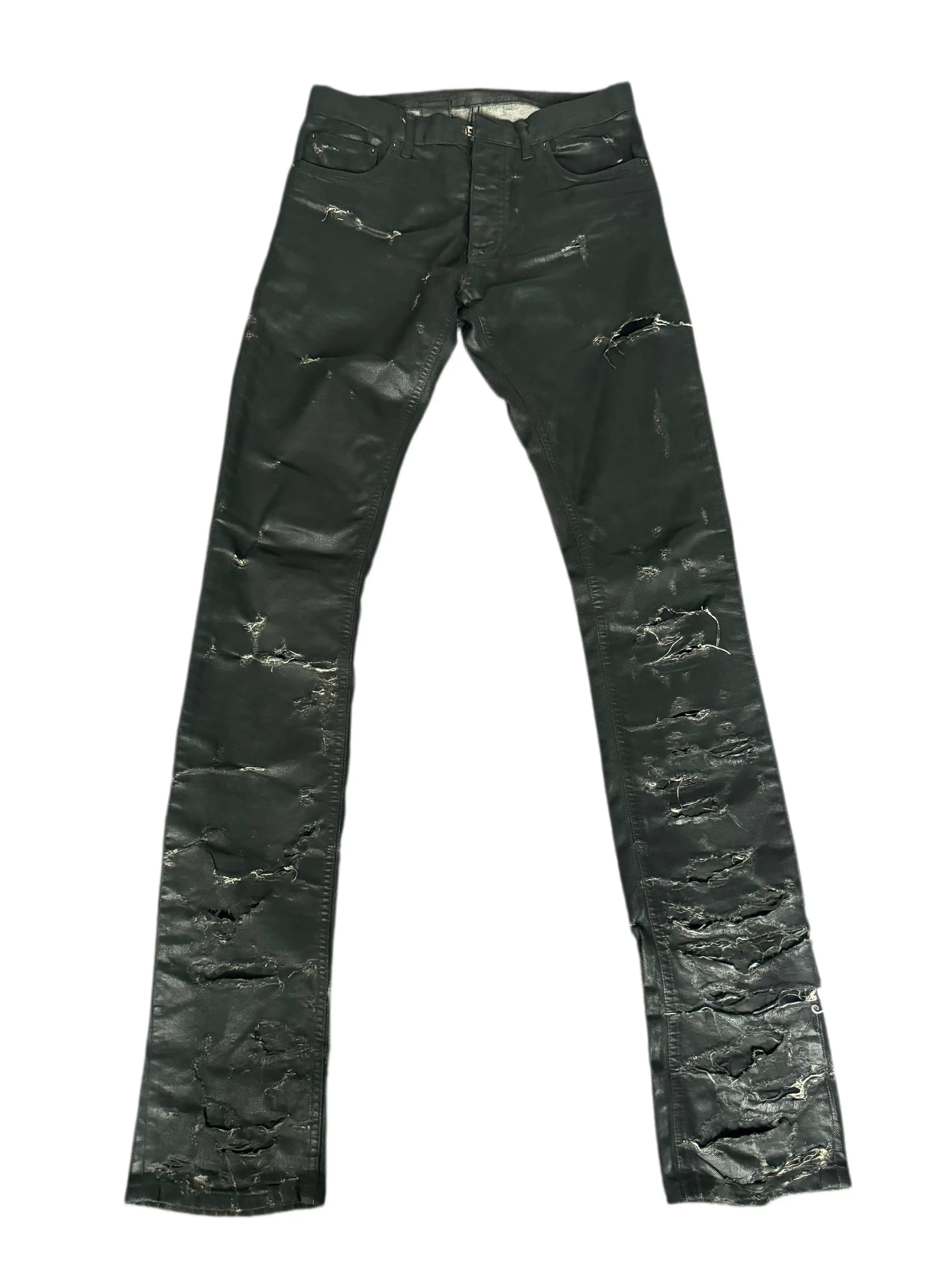 SS04 Strip Waxed Destroyed Jeans Black Waxed Heavy Distressed Slim Fit Jeans hediboy-vet