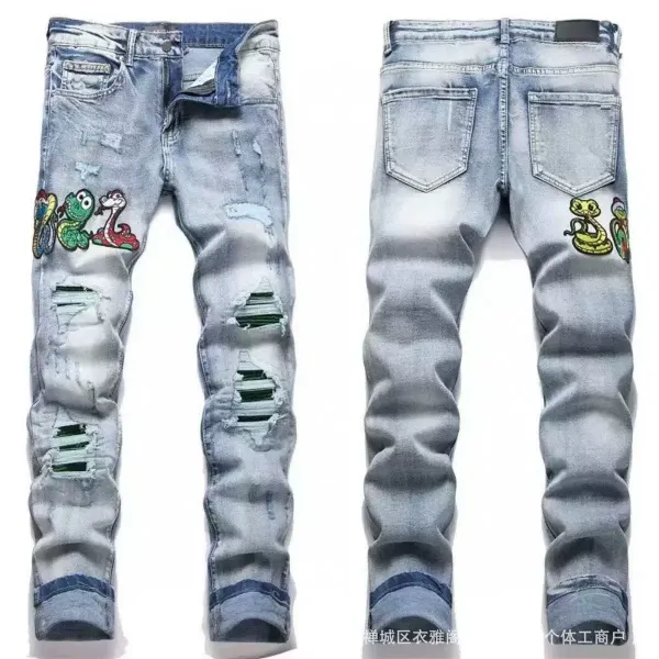 Design Distressed Cartoon Patch Jeans Multicolor - 1