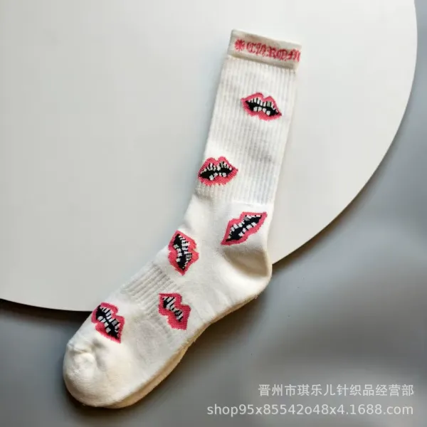 Design Lip Print Crew Socks White - 1