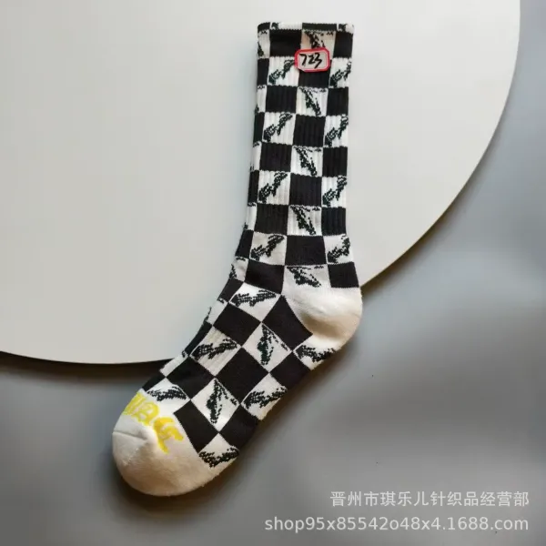 Design Checkerboard Print Socks with Abstract Motif and Yellow Toe - 1