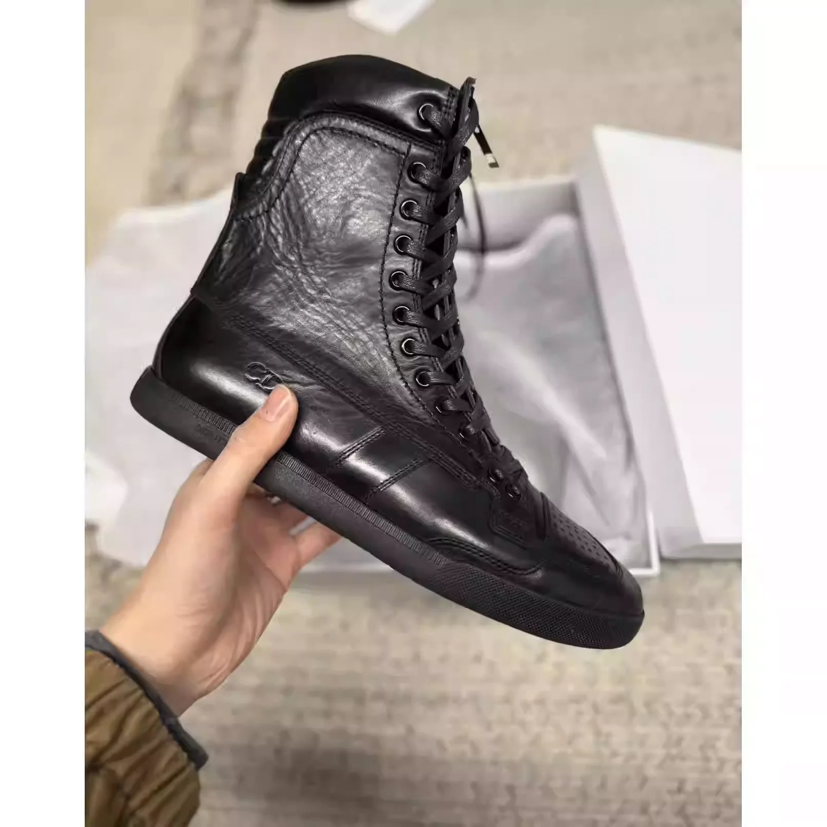 Design High-Top Leather Sneakers with Zipper Detail Black - 4