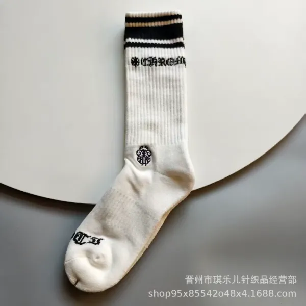 Design Crew Sock with Striped Cuff and Embroidered Logo White Socks - 1