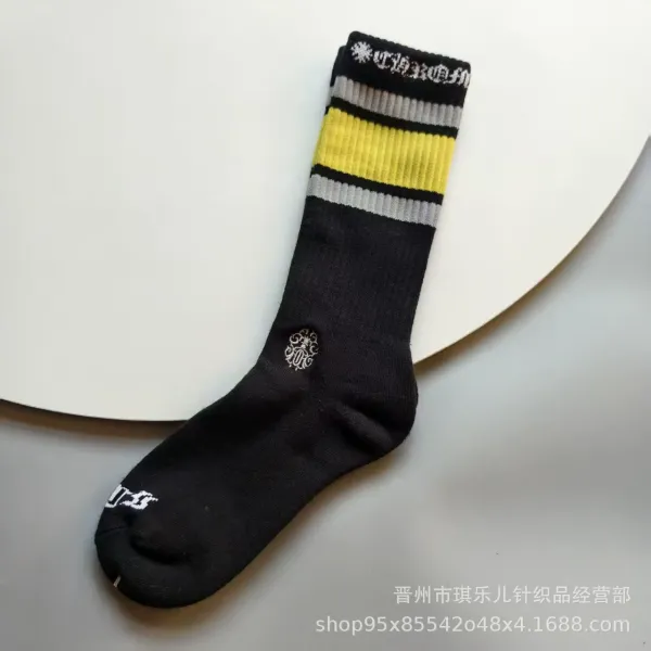 Design Striped Cuff Crew Sock Black Yellow Gray Socks - 1