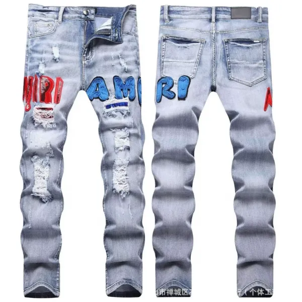 Amiri Distressed Logo Patch Jeans Light Blue - 1