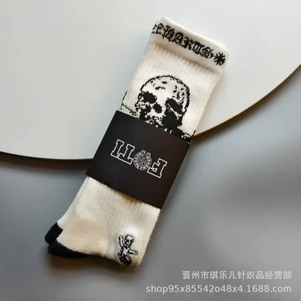Design Skull Print Crew Socks White / Black - 1
