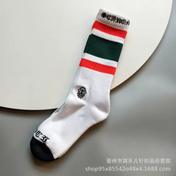 Design Crew Sock White with Red Green Stripes and Embroidered Logo Socks - 1