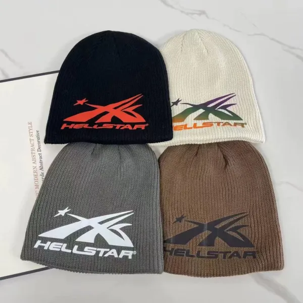 Hellstar Logo Beanie Knit Cap in Black, White, Gray, and Brown - 1