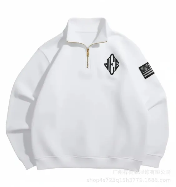 Design Half-Zip Sweatshirt White with Monogram and Flag Patch Hoodie - 1
