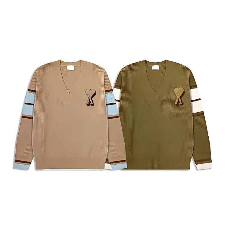 Ami Paris Beige and Olive V-Neck Sweaters