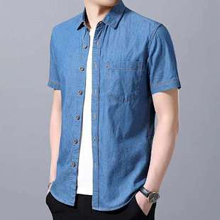 （¥158）##Denim short-sleeved shirt（loose fit） 牛仔短袖衬衫  M