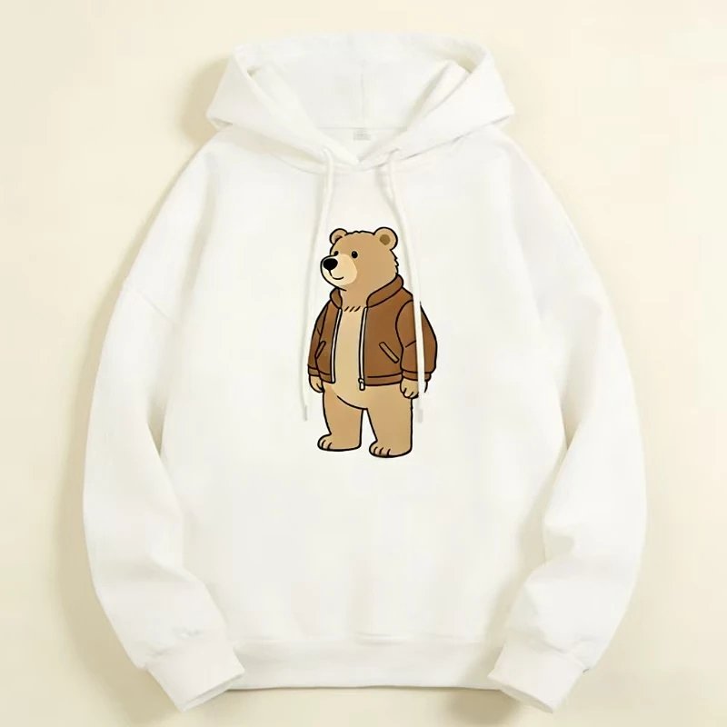 （￥268）##Women's Bear Oversized Fleece Hoodie 白色卫衣咖色熊 P