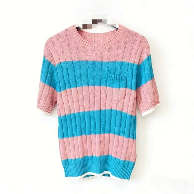 （￥180）##Striped Cable-Knit Short-Sleeve Sweater 条纹圆领麻花针织衫 P