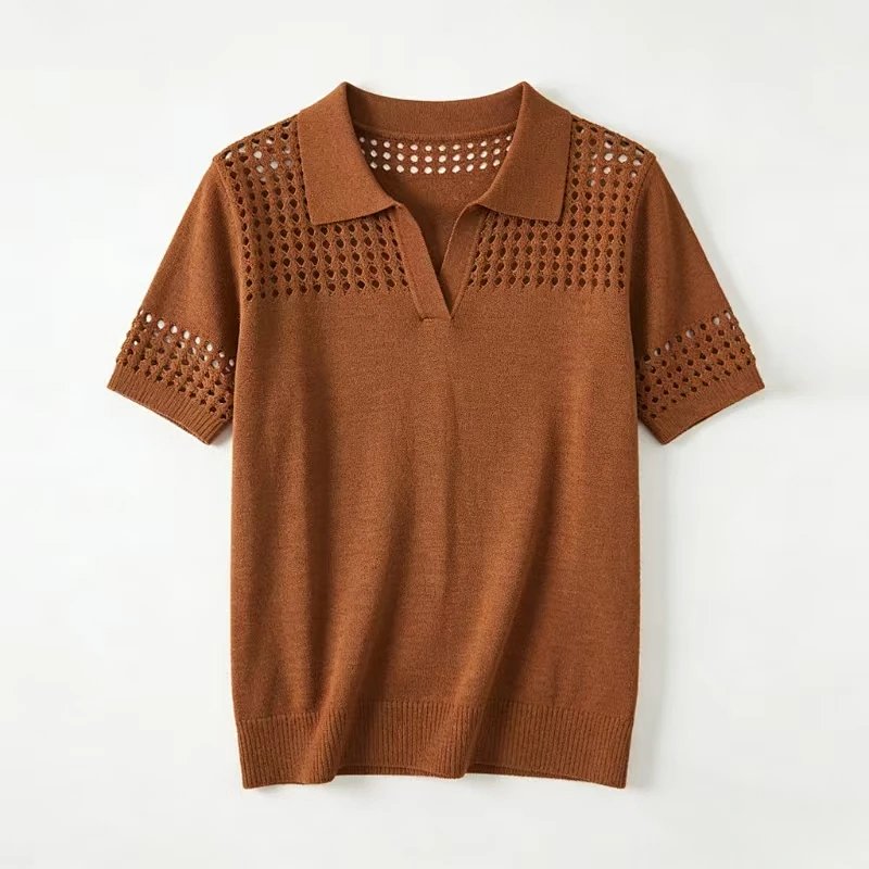 （￥222）##Striped Open-Knit Short-Sleeve Polo条纹镂空针织POLO衫 P