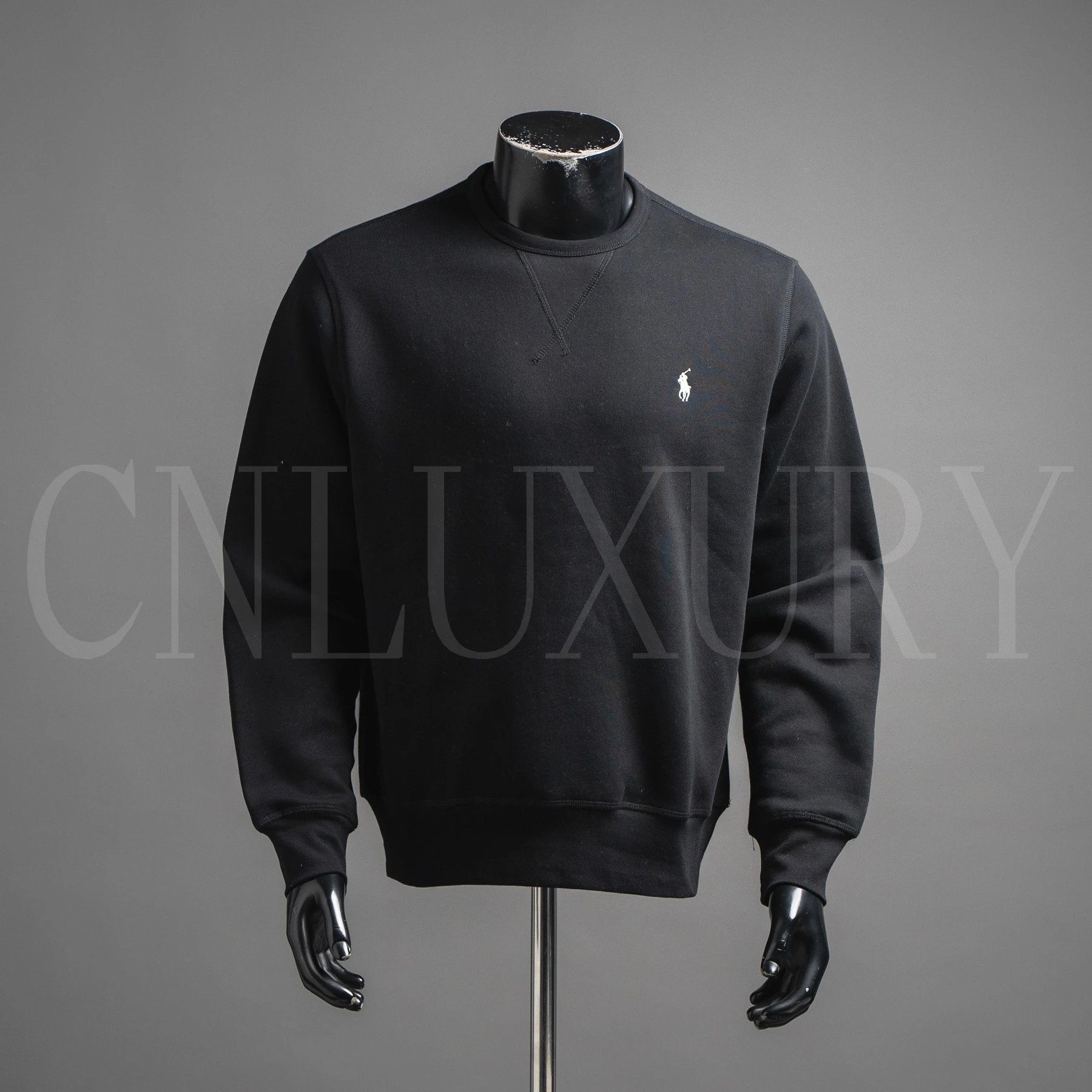 Black - embroidered round neck hoodie with small horse logo
