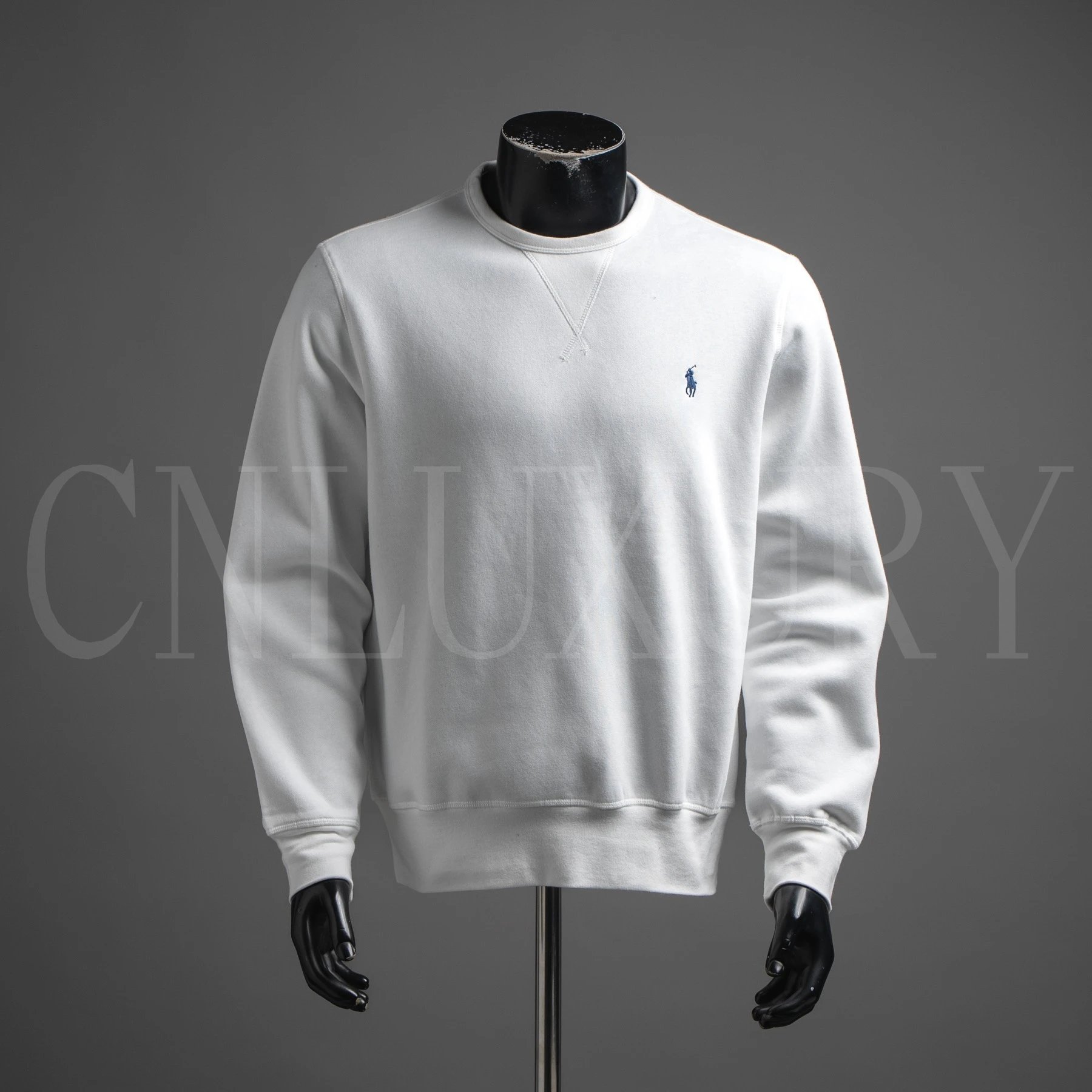 White - embroidered round neck hoodie with small horse logo