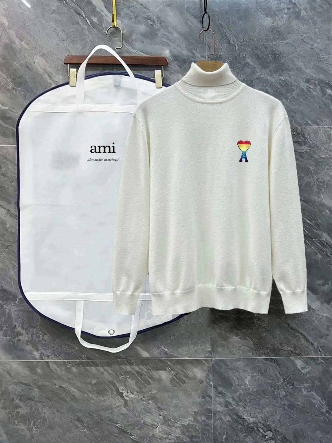 AMI Paris Knitwear Turtleneck knit sweater with embroidered chest motif — 5