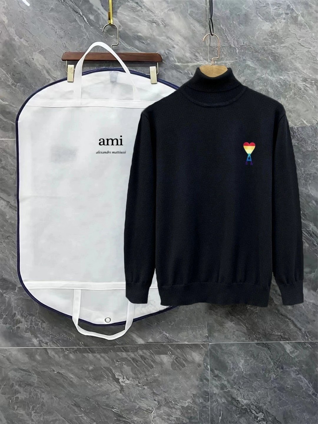 AMI Paris Knitwear Turtleneck knit sweater with embroidered chest motif — 3
