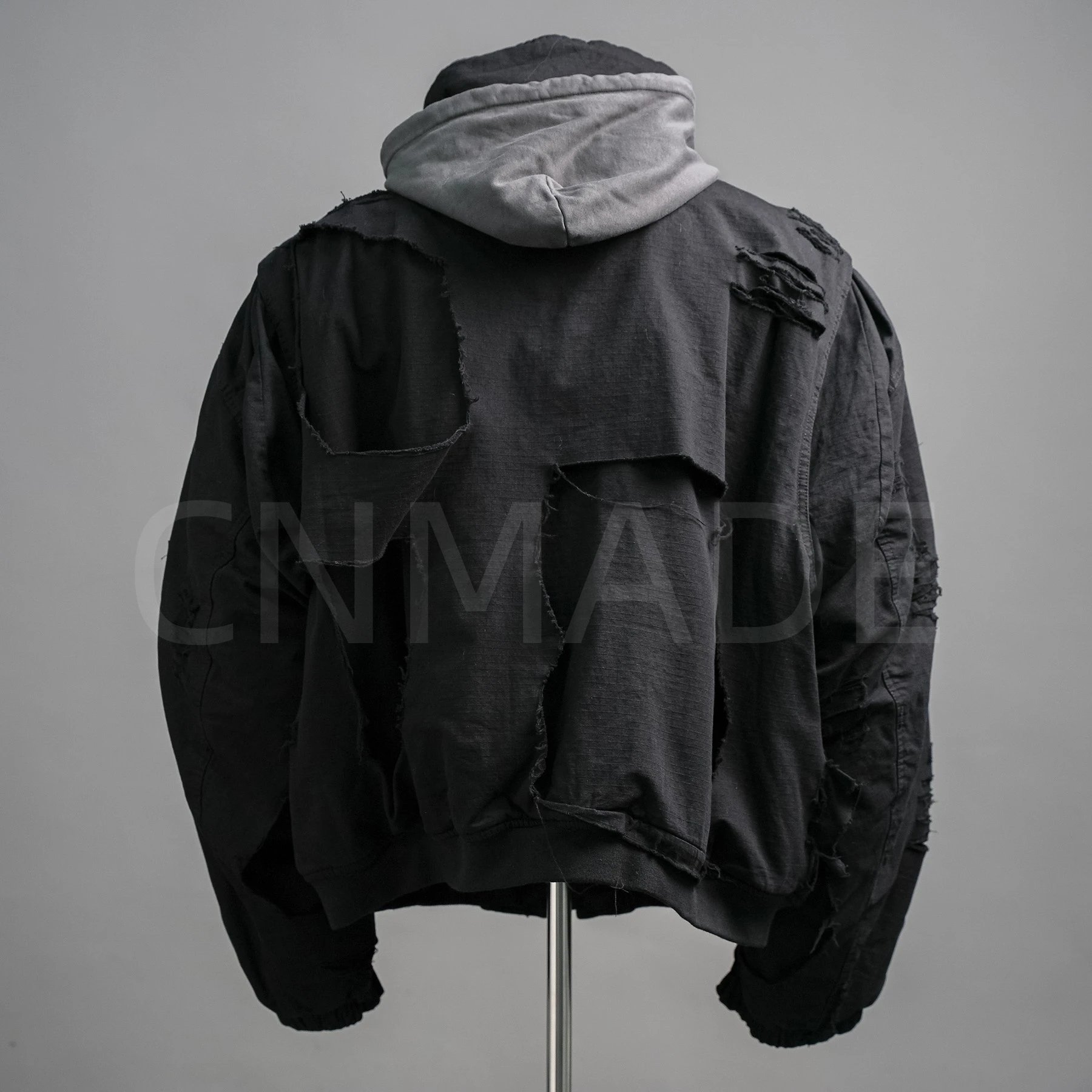潮牌巴黎风22FW黑色破坏水洗做旧拉链卫衣连帽夹克棉服毛领外套男 2