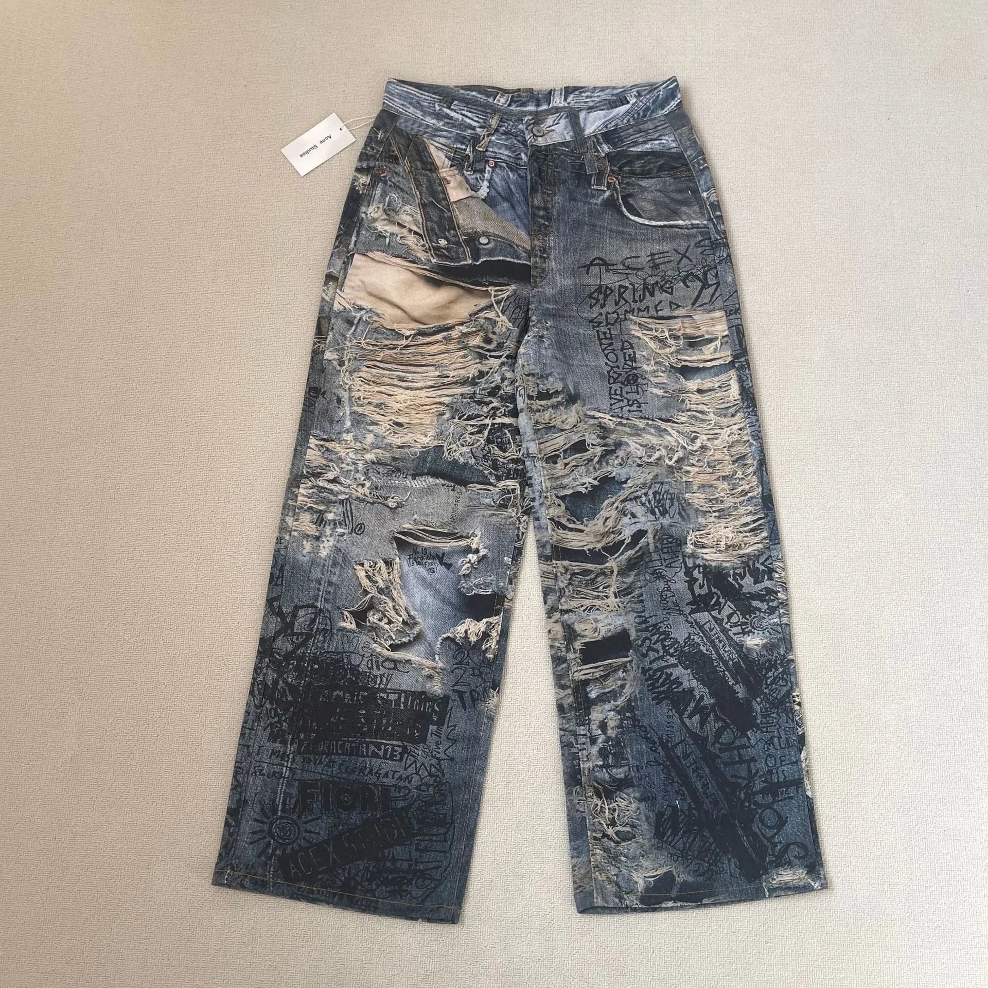 Lace Glass Bead Denim Wide-Leg Pants Women's Loose Long Jeans
