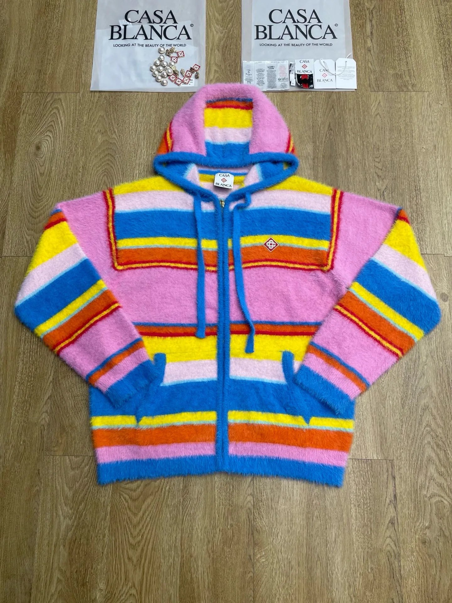 Casa Blanca Color-Block Striped Pink Blue Yellow Fleece Hooded Sweater
