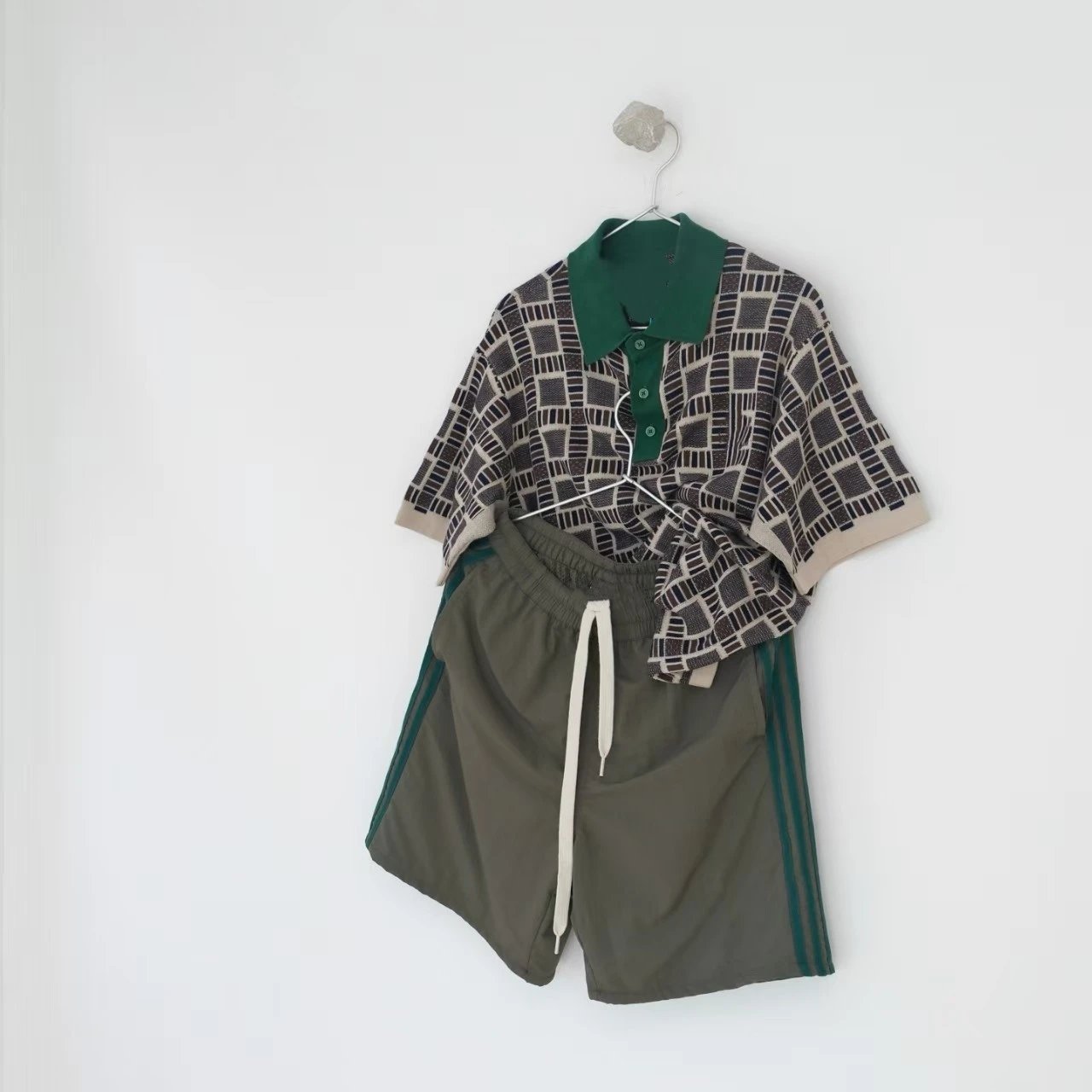 Knit Polo Shirt Green Checkered Striped Embroidered Short Sleeve