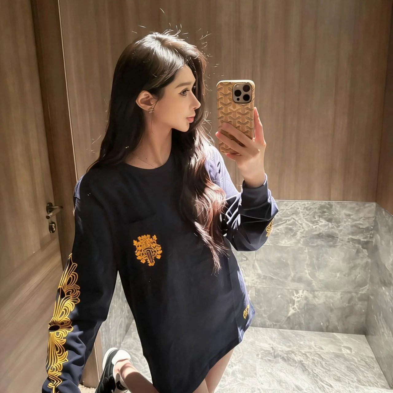 Design Embroidered Long Sleeve T-Shirt White with Red Floral Motif - 2