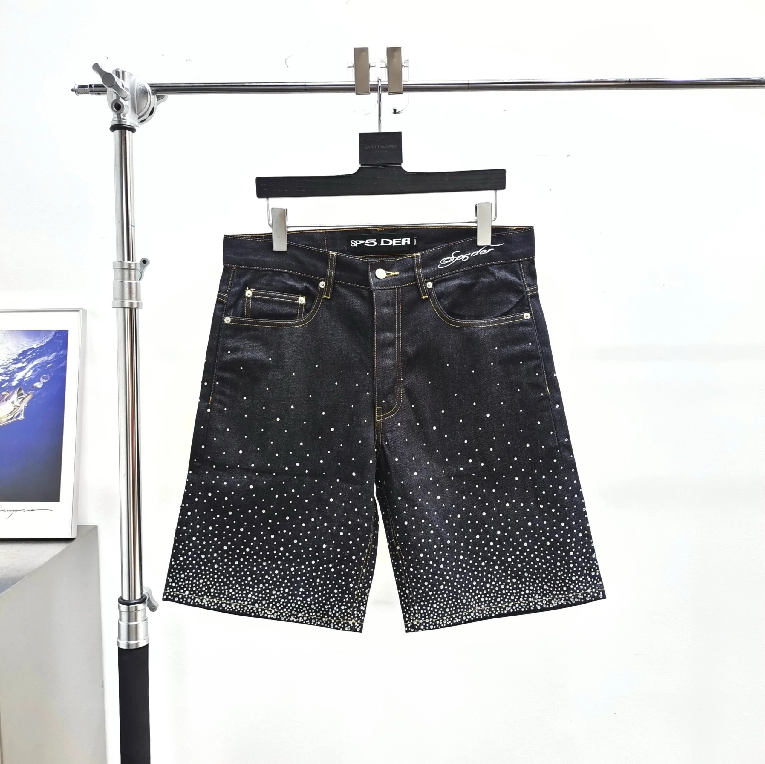Rhinestone-Studded Raw Denim Shorts