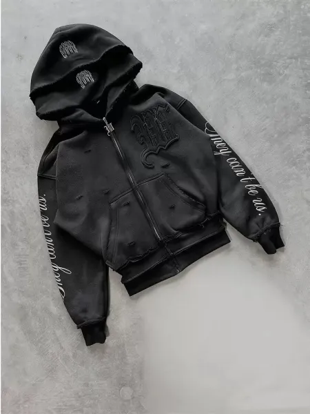 Design Distressed Zip-Up Hoodie Black - 1