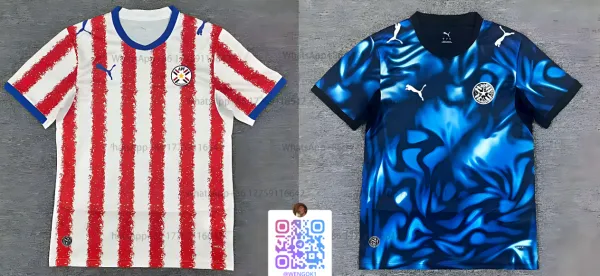 Puma AP F.C. Home and Away Jerseys Red-White Striped and Blue Swirl Print Soccer Jerseys - 1