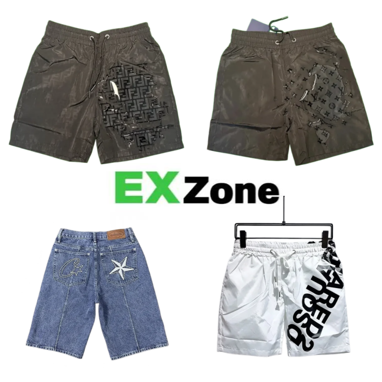 DSQUARED2 Olive green shiny swim shorts with repeating FF logo pattern, blue denim shorts with star embroidery, white shiny shorts with vertical text print