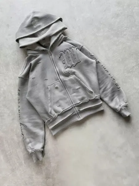 Design Distressed Zip-Up Hoodie Gray - 1