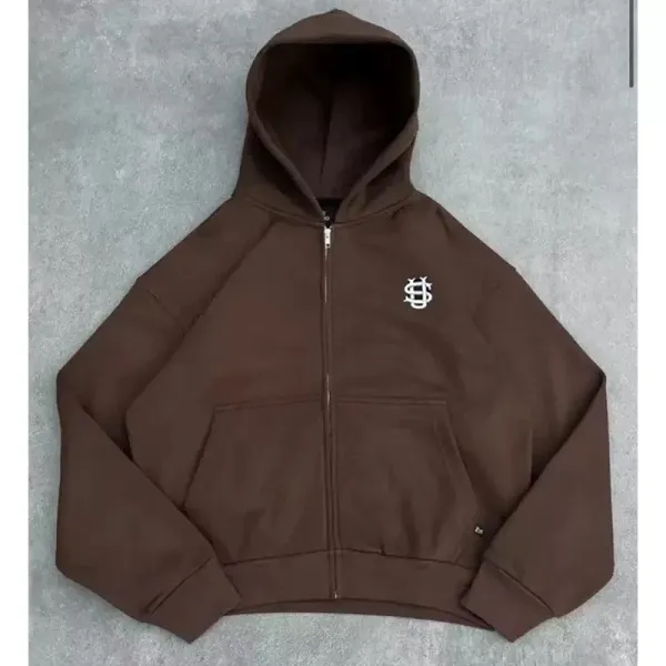 Design Zip-Up Hoodie Brown Streetwear - 1