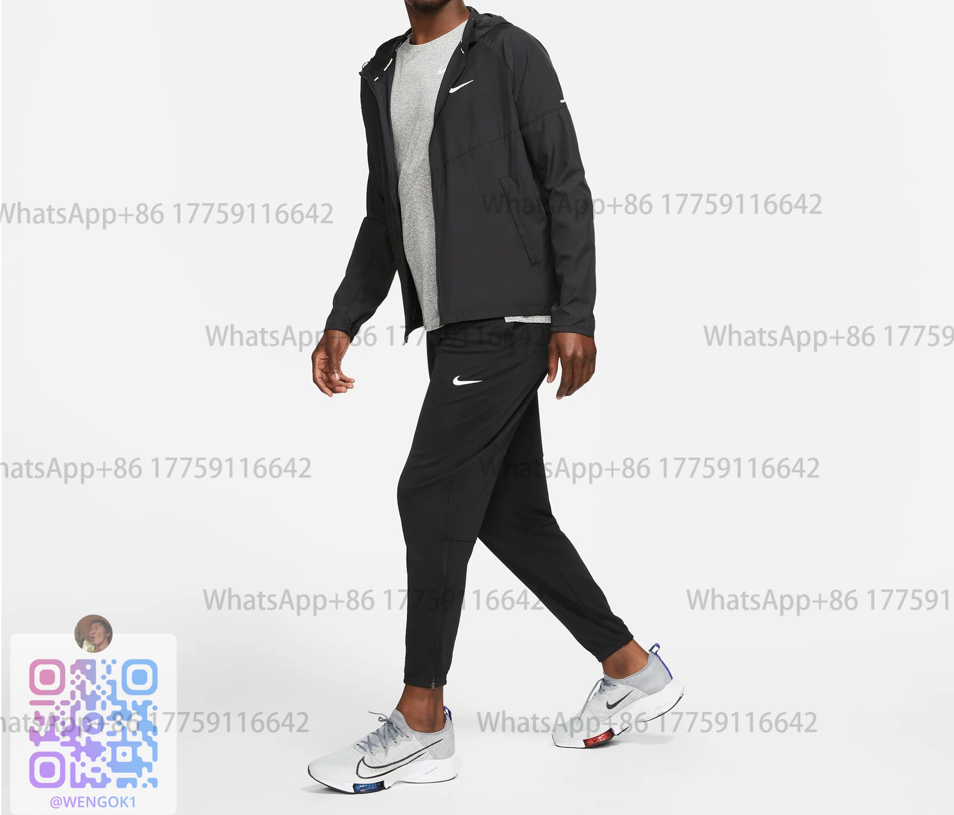 Nike Windrunner Jacket Black with Gray T-Shirt and Jogger Pants Set Tracksuit