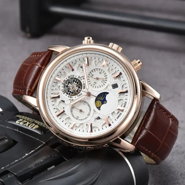 Design Skeleton Moon Phase Chronograph Rose Gold White Dial Brown Leather Watch Watches - 1