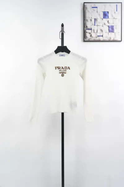 Prada Logo-Embroidered Ribbed Knit Sweater White - 3