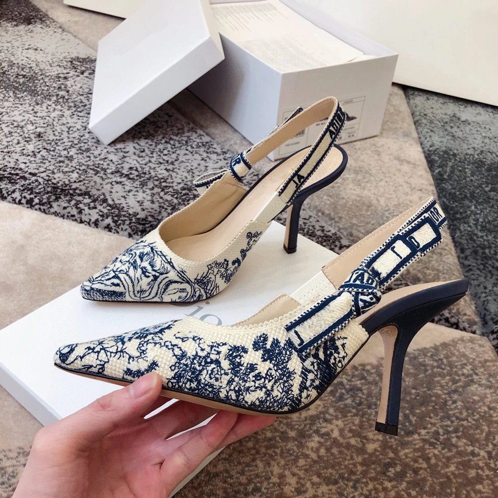 Dior J'Adior Slingback Pumps Toile de Jouy Embroidery Blue