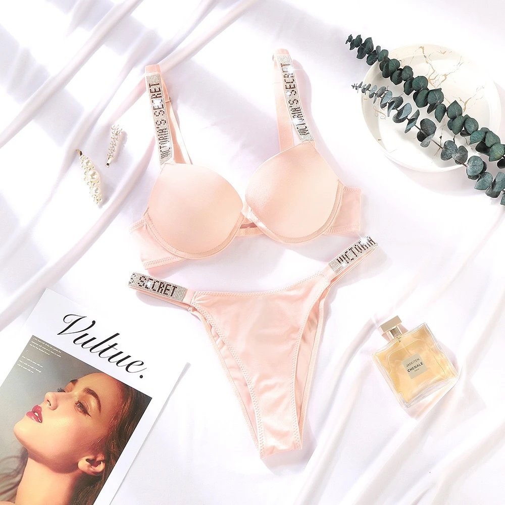 Victoria's Secret Underwear Rhinestone Logo Strap Bra and Thong Set — Victorias Secret-1