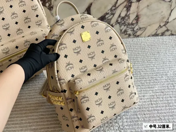MCM Stark Mini Backpack Beige Monogram Leather Backpack - 1