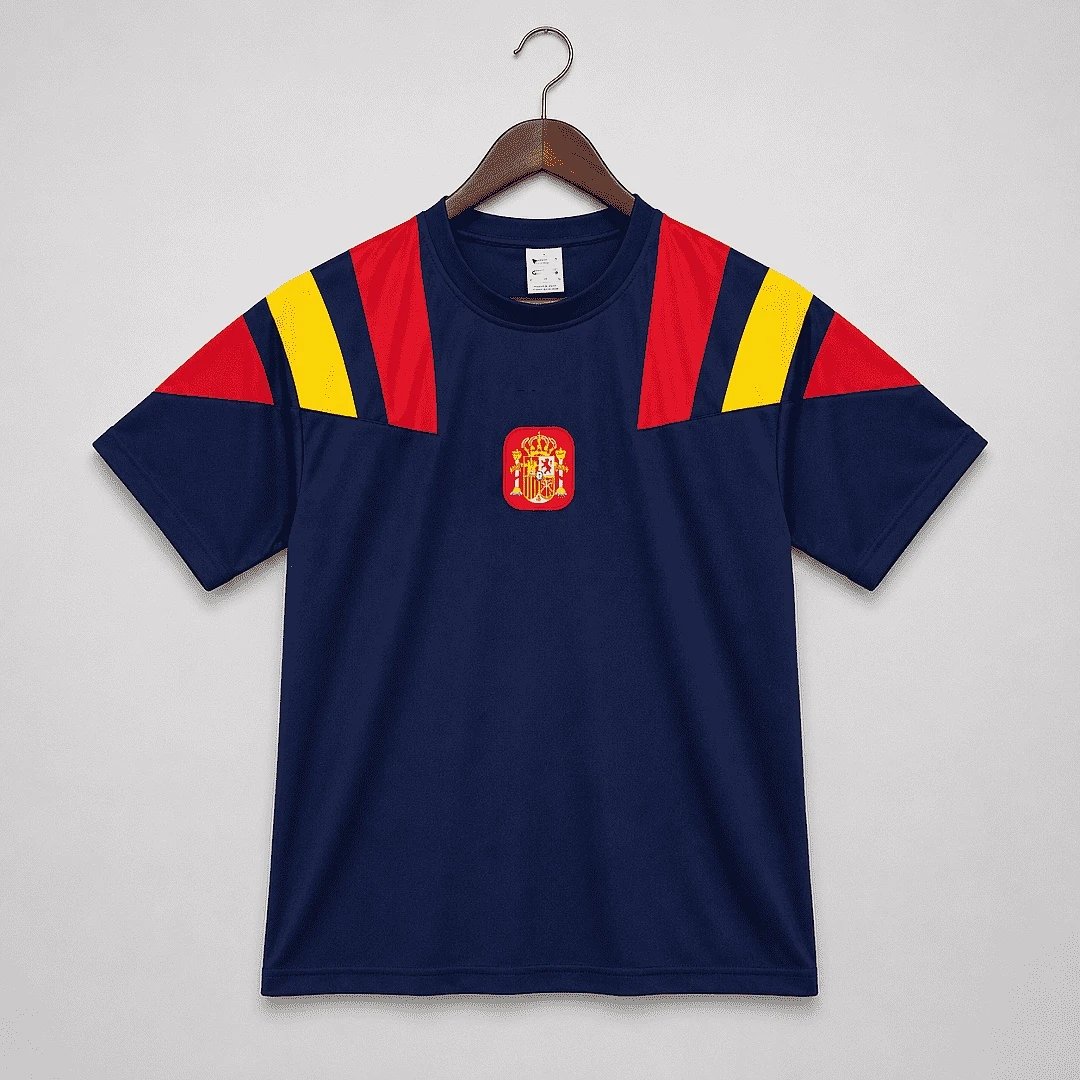 2026 Spain Deep Blue Red Yellow Shoulder Casual T-Shirt