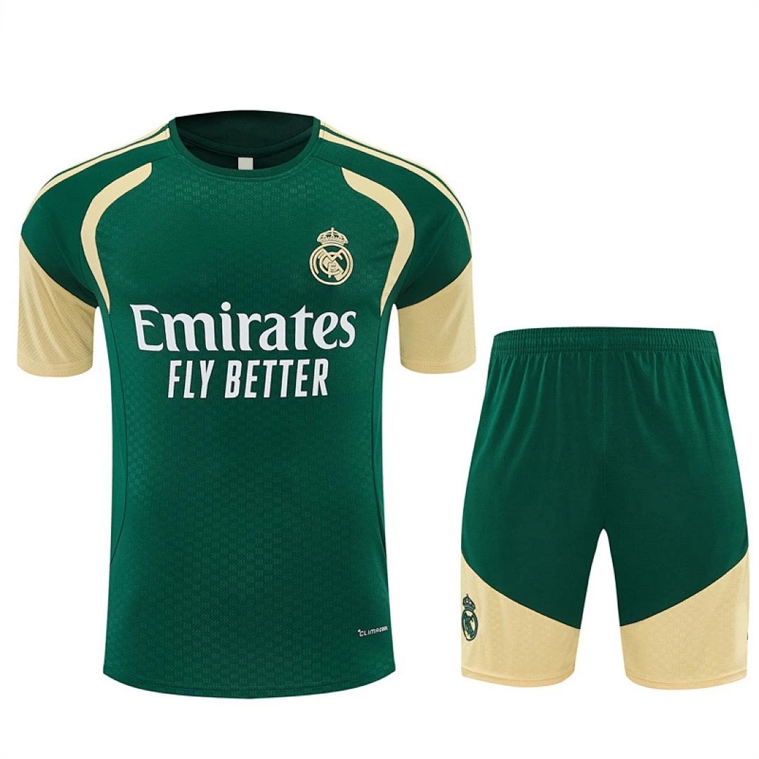 2627 Real Madrid Green Yellow Shoulder Training Suit Set Short Sleeve