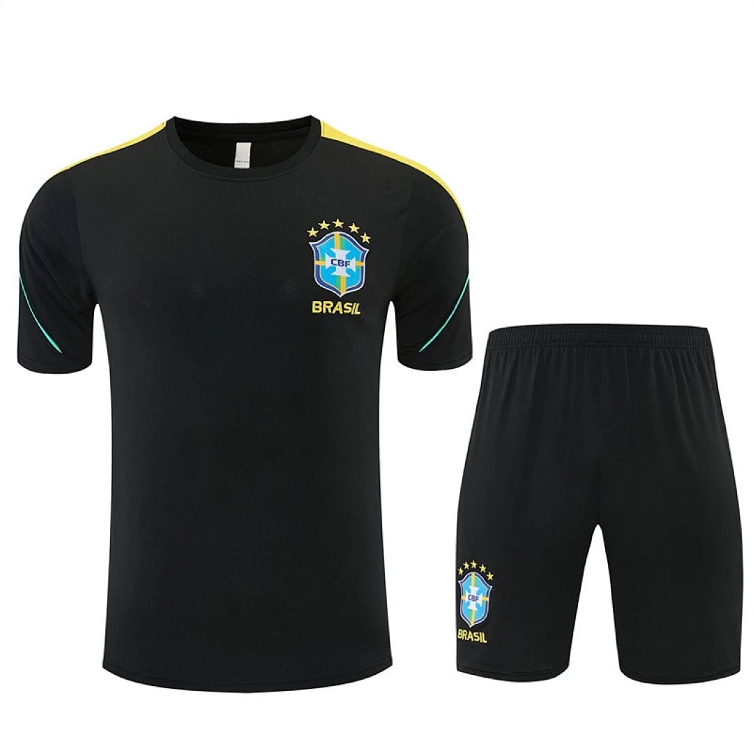 2026 Brazil black and yellow shoulder training suit set with short sleeves