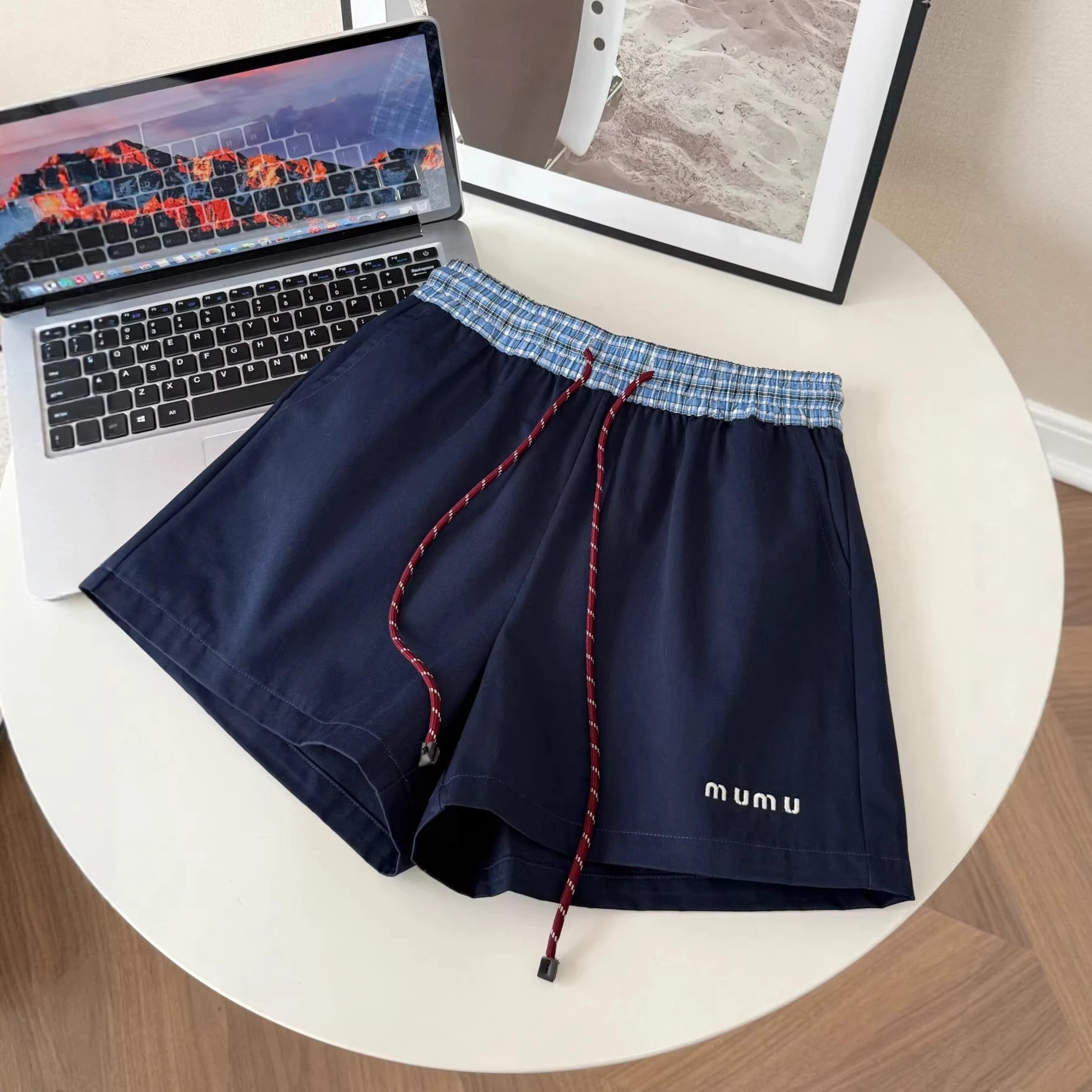 Design Mumu Drawstring Waist Shorts Navy Blue Shorts - 12