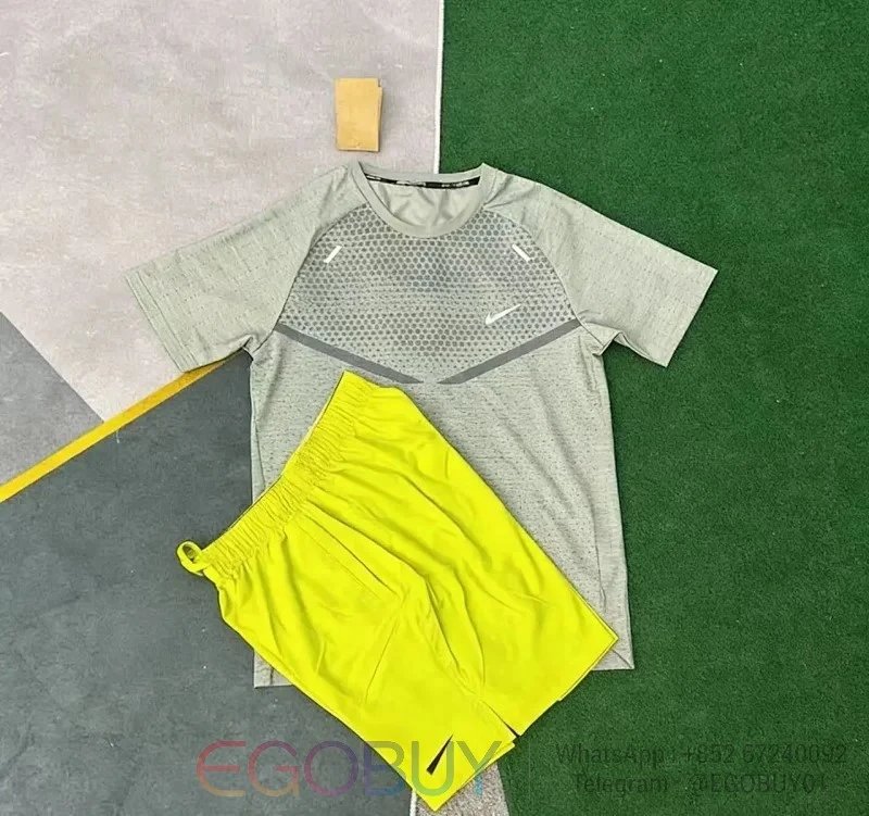 Nike Matching Sets Men's short-sleeve performance T-shirt and shorts set — T900 gray +7501 fluorescent green