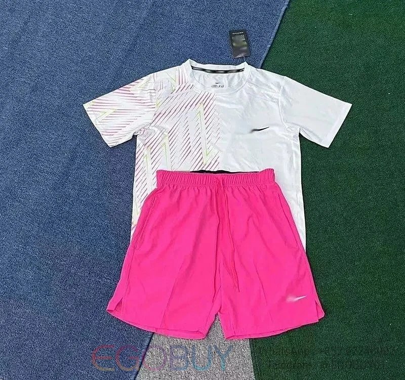 Nike Matching Sets Men's short-sleeve performance T-shirt and shorts set — Pink white short sleeve D218 pink