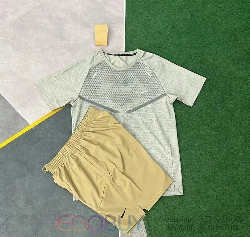Nike Matching Sets Men's short-sleeve performance T-shirt and shorts set — T900 gray +7501 khaki
