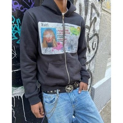 Black Vintage Distressed Style Hooded Sweatshirt Jacket