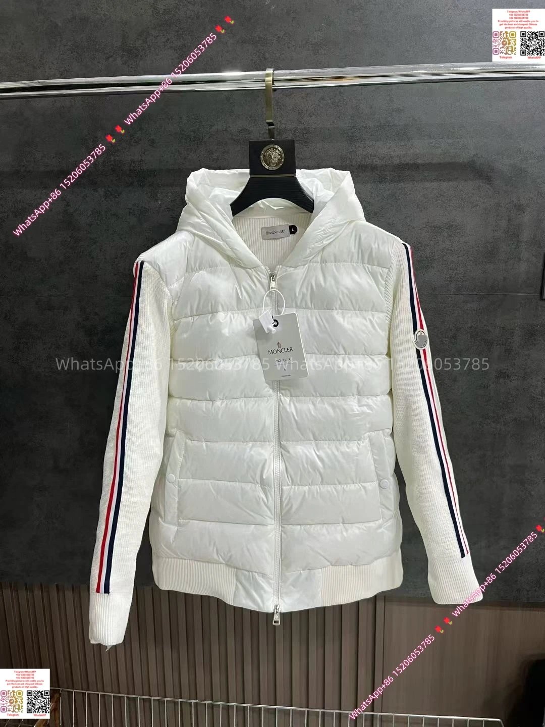 Moncler Hooded Knit Cardigan Sleeve Badge Colorful Ribbon-White