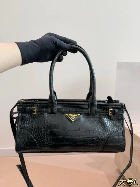 Prada Cahier Croc-Embossed Black Leather Handbag - 1